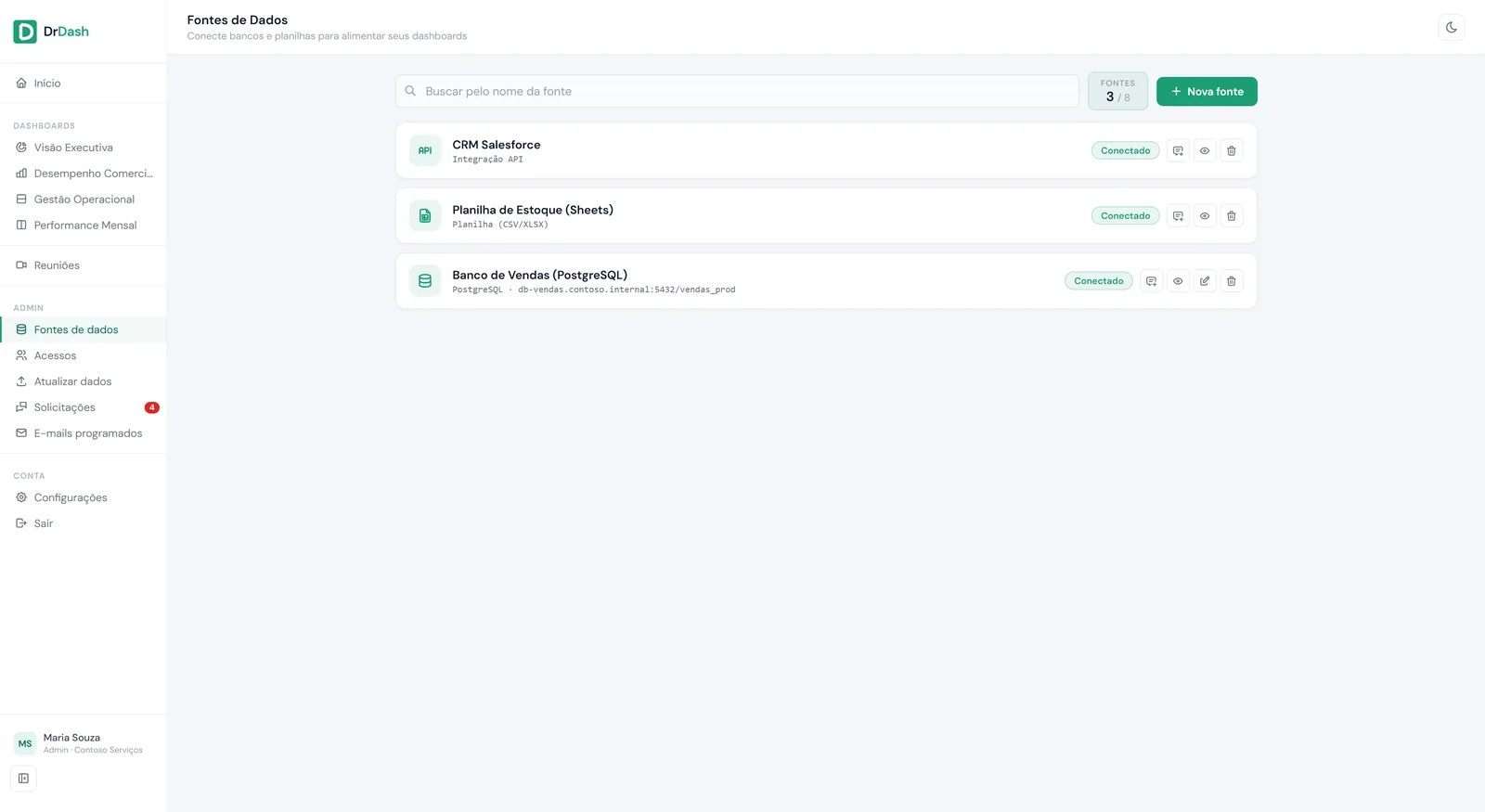 Lista de fontes de dados conectadas: um banco Postgres conectado, uma integração API com erro e uma planilha pendente.