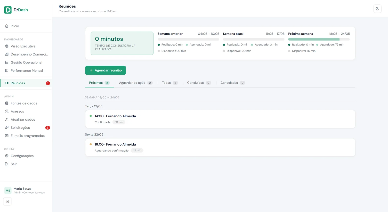 Tela de reuniões com lista de sessões agendadas, próximas e concluídas com o time DrDash.